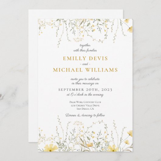 Gele Wildflower Waterverf bruiloft uitnodiging (Voorkant / Achterkant)
