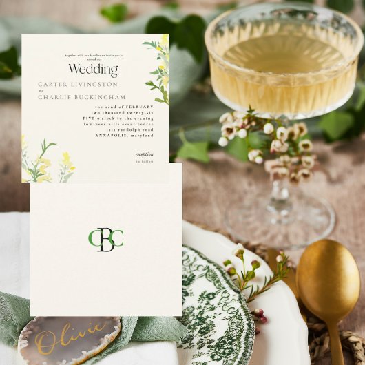 Gele Wildflowers Monogram II Vierkante bruiloft Kaart