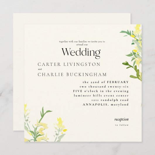 Gele Wildflowers Monogram II Vierkante bruiloft Kaart (Voorkant / Achterkant)