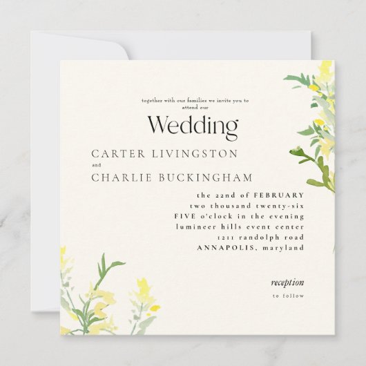 Gele Wildflowers Monogram II Vierkante bruiloft Kaart (Voorkant)