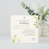 Gele Wildflowers Monogram Vierkante bruiloft Kaart (Staand voorkant)