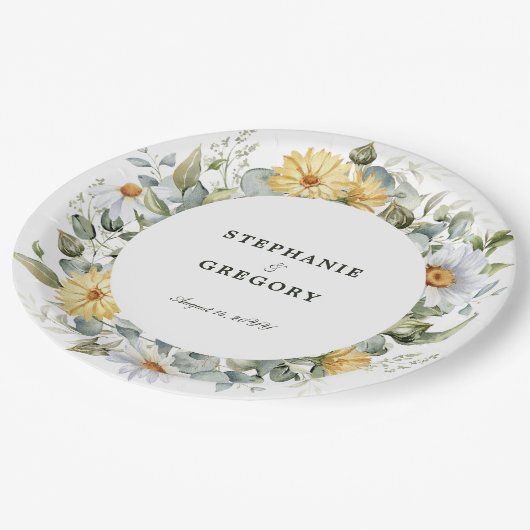 Gele witte bloemen bruiloft papieren bordje (Gekanteld)