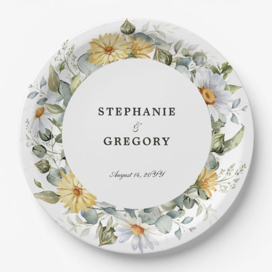 Gele witte bloemen bruiloft papieren bordje (Voorkant)