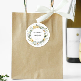 Gele witte bloemen bruiloft ronde sticker