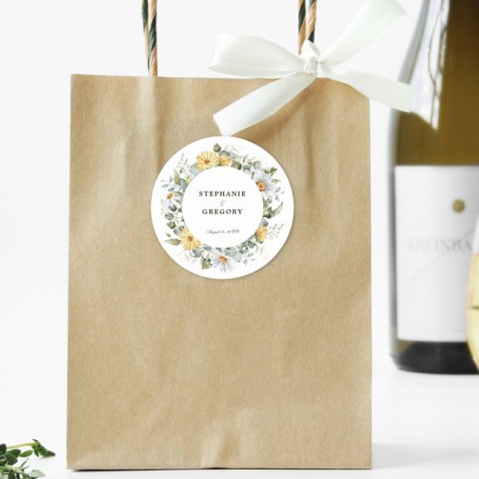 Gele witte bloemen bruiloft ronde sticker