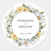 Gele witte bloemen bruiloft ronde sticker (Voorkant)