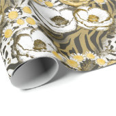 Gele, witte bloemen op tijgerachtergrond cadeaupapier (Rol Hoek)