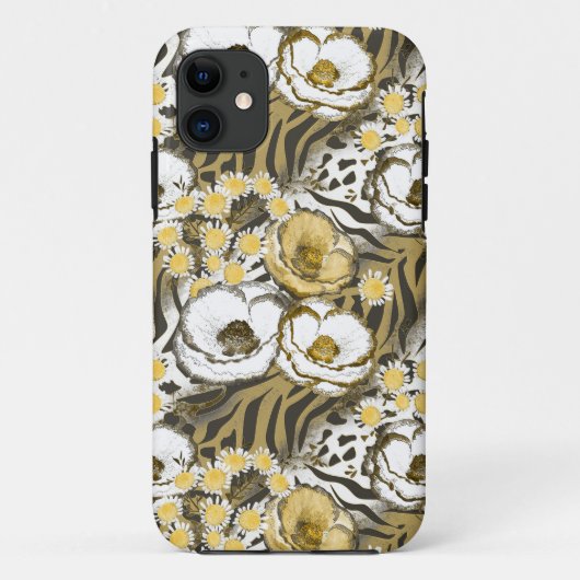 Gele, witte bloemen op tijgerachtergrond Case-Mate iPhone case (Achterkant)