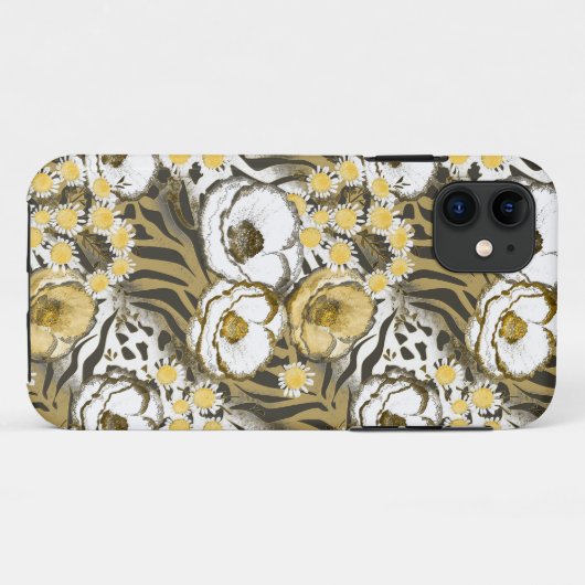 Gele, witte bloemen op tijgerachtergrond Case-Mate iPhone case (Achterkant (horizontaal))