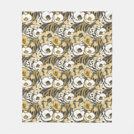 Gele, witte bloemen op tijgerachtergrond fleece deken (Voorkant)