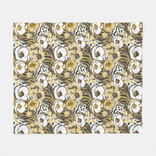 Gele, witte bloemen op tijgerachtergrond fleece deken (Voorkant (Horizontaal))