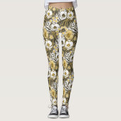 Gele, witte bloemen op tijgerachtergrond leggings (Voorkant)