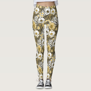 Gele, witte bloemen op tijgerachtergrond leggings