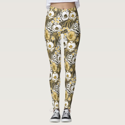 Gele, witte bloemen op tijgerachtergrond leggings (Voorkant)