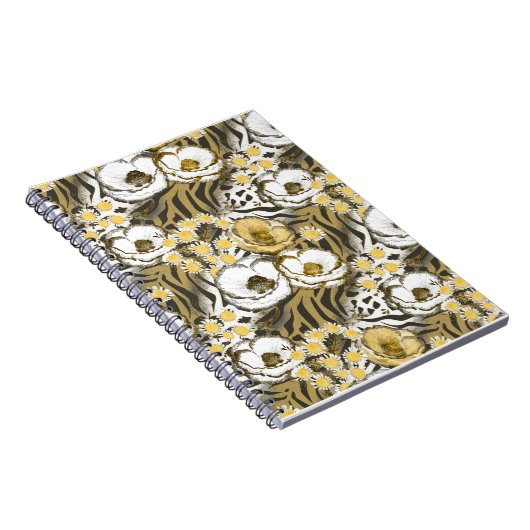 Gele, witte bloemen op tijgerachtergrond notitieboek (Rechterzijde)