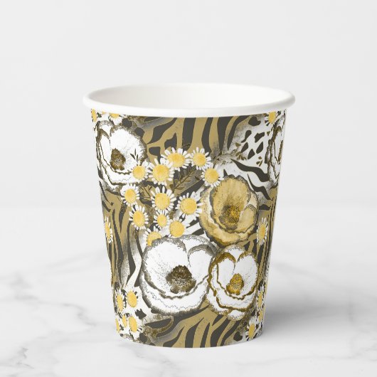 Gele, witte bloemen op tijgerachtergrond papieren bekers (Achterkant)