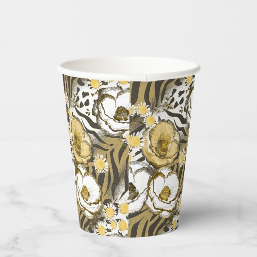 Gele, witte bloemen op tijgerachtergrond papieren bekers (Rechts)