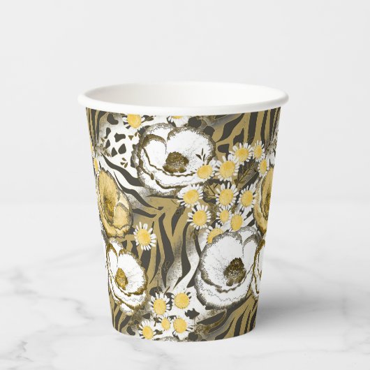 Gele, witte bloemen op tijgerachtergrond papieren bekers (Voorkant)