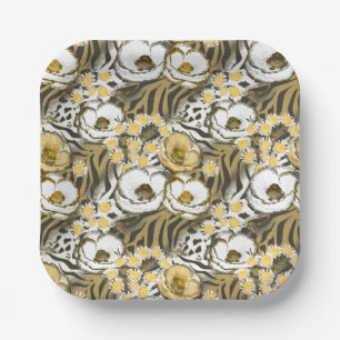 Gele, witte bloemen op tijgerachtergrond papieren bordje