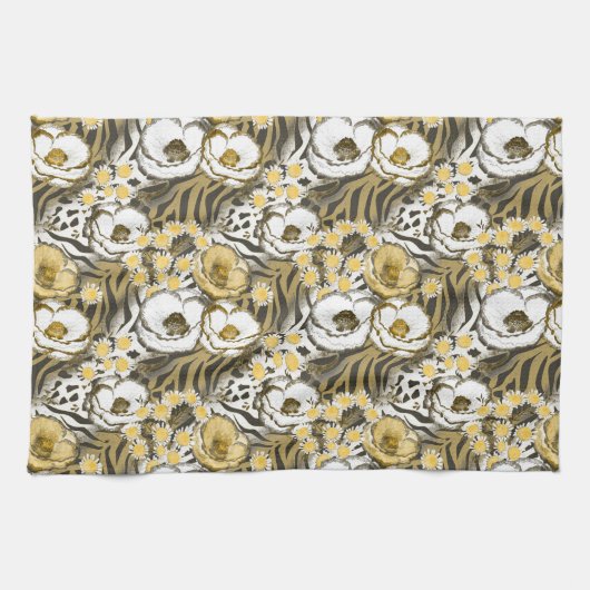 Gele, witte bloemen op tijgerachtergrond theedoek (Horizontaal)