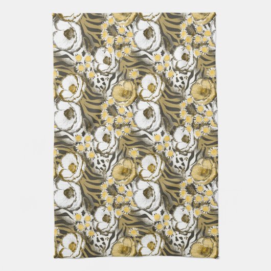 Gele, witte bloemen op tijgerachtergrond theedoek (Verticaal)