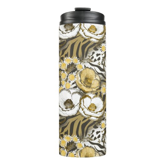 Gele, witte bloemen op tijgerachtergrond thermosbeker (Voorkant)