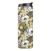 Gele, witte bloemen op tijgerachtergrond thermosbeker (Gedraaid links)