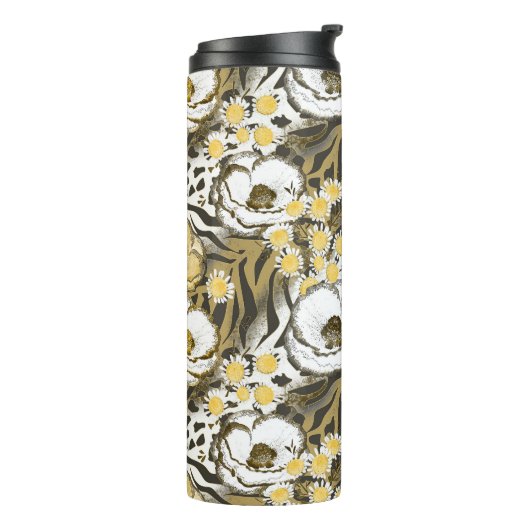 Gele, witte bloemen op tijgerachtergrond thermosbeker (Gedraaid links)