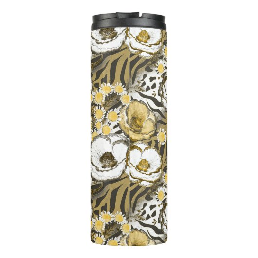 Gele, witte bloemen op tijgerachtergrond thermosbeker (Achterkant)