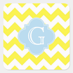 Gele witte Chevron Lt Blue Quatrefoil Monagram Vierkante Sticker