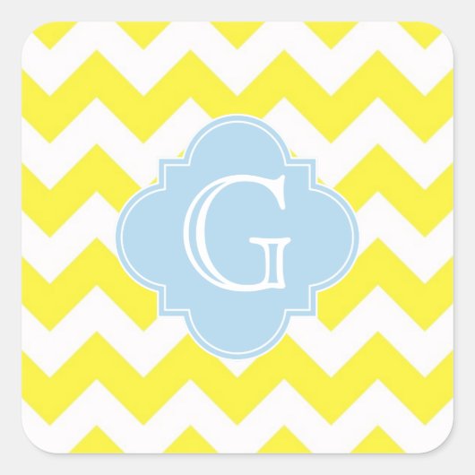 Gele witte Chevron Lt Blue Quatrefoil Monagram Vierkante Sticker (Voorkant)