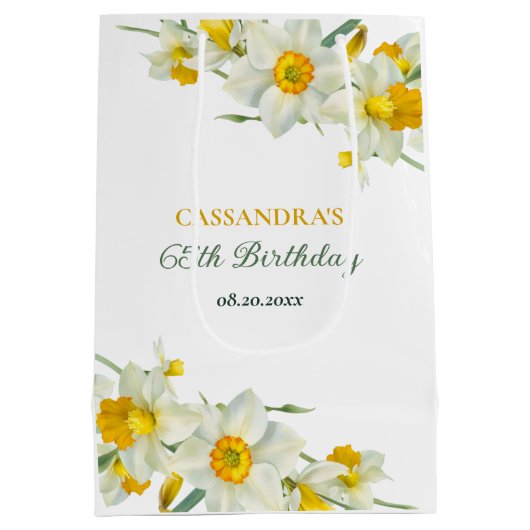 Gele witte daffodil rustieke bloemen verjaardag medium cadeauzakje (Achterkant)