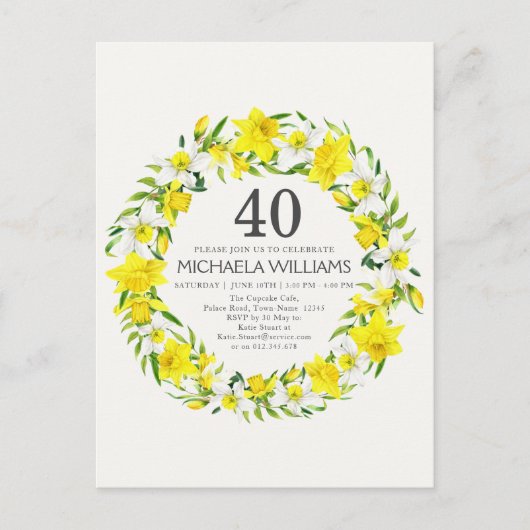 Gele Witte Daffodils 40e Verjaardag Uitnodiging (Voorkant)