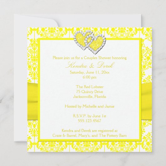 Gele witte Damask Couples Shower Invitation Kaart (Achterkant)
