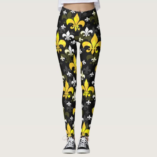 Gele witte fleur de lis leggings (Voorkant)