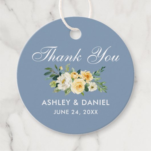 Gele witte Floral Wedding Dusty Blue Hartelijk dan Bedankjes Labels (Voorkant)