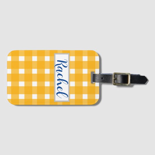 Gele witte gingham, gepersonaliseerd bagagelabel (Voorkant (horizontaal))