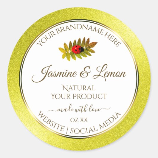Gele witte Glitter-productlabels met Ladybug Ronde Sticker (Voorkant)