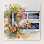 Gele Witte Kat Raam Bloembak Schildering Legpuzzel (Horizontaal)