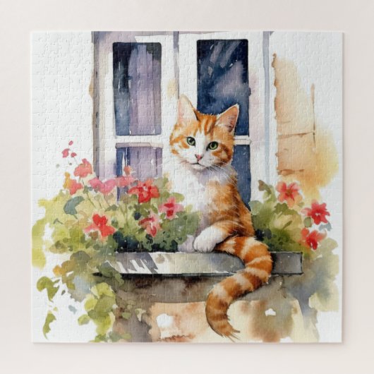 Gele Witte Kat Raam Bloembak Schildering Legpuzzel (Verticaal)