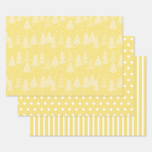 Gele witte kerstbomen Polka Dots Stripe Inpakpapier Vel (Set)