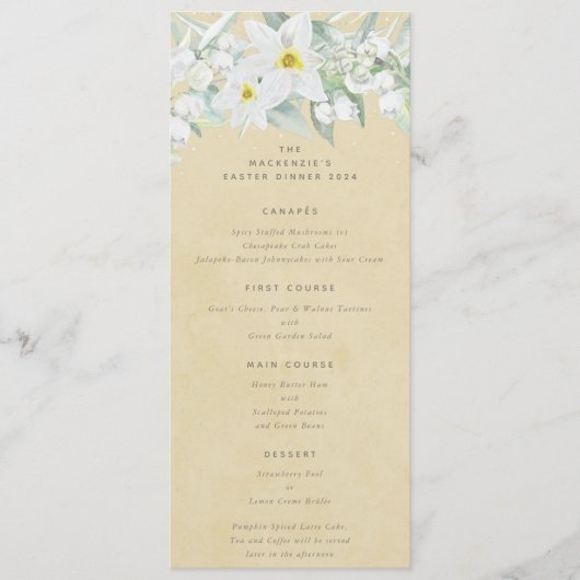 Gele witte lente bloemen plat 4 gangen Pasen Menu (Voorkant)