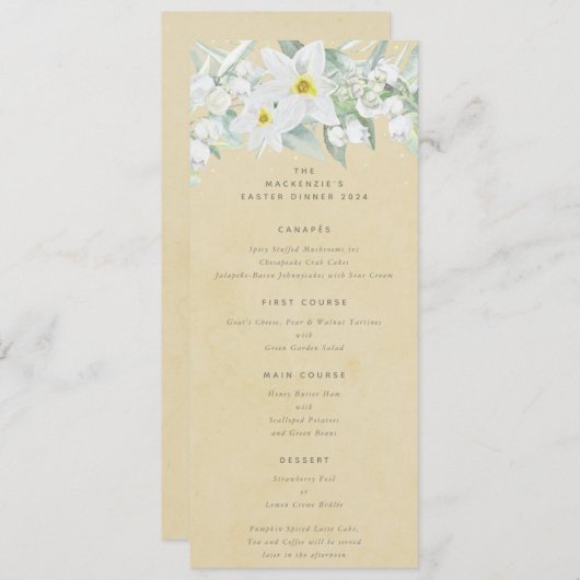 Gele witte lente bloemen plat 4 gangen Pasen Menu (Voorkant / Achterkant)