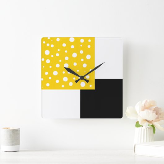 Gele witte poka Dots Black & White Geometric Vierkante Klok (Huis)