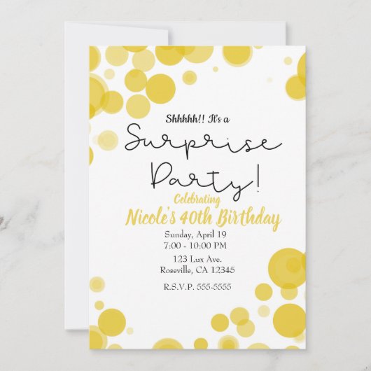 Gele & Witte Stippen Bubbel Surprise Feest Kaart (Voorkant)