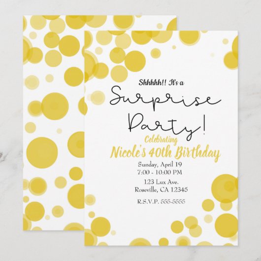 Gele & Witte Stippen Bubbles Verrassingsfeest Kaart (Voorkant / Achterkant)