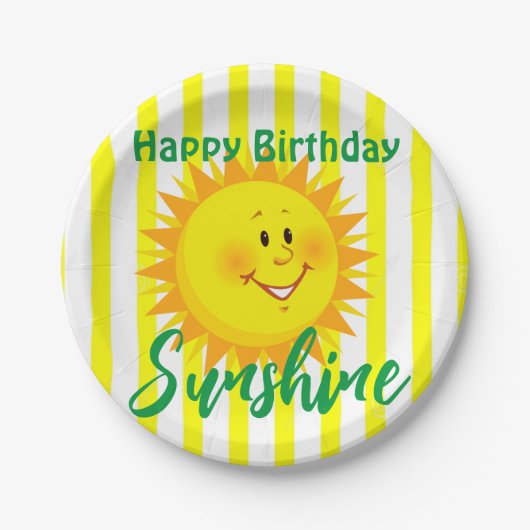 Gele & Witte Streep Gelukkige Verjaardagspapier Bo Papieren Bordje (Voorkant)