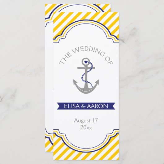 Gele witte strepen marine nautische bruiloft progr programmakaart (Voorkant / Achterkant)