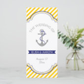 Gele witte strepen marine nautische bruiloft progr programmakaart (Staand voorkant)