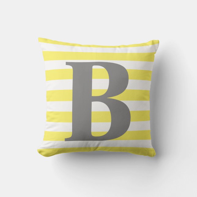 Gele Witte Strepen Monogram Eerste Vierkant Buitenkussen (Voorkant)